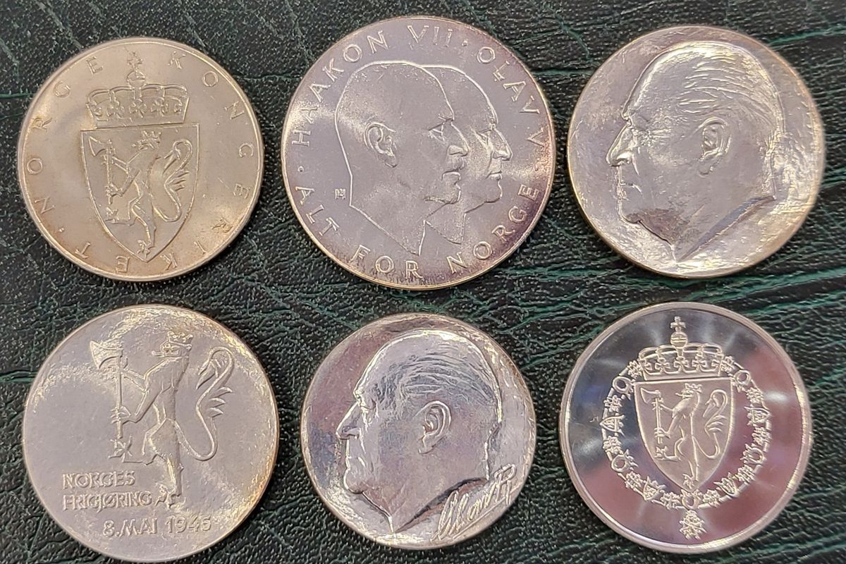 6 x norske minnemynter 1964-1989, 132,78 g sølv