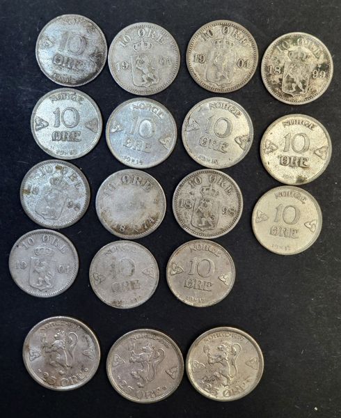 Hovedbilde Samling, 18 norske sølvmynter 1874-1919