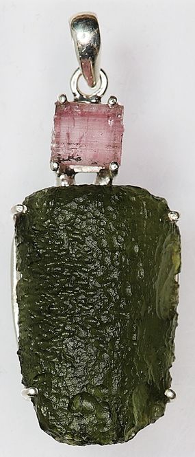 Hovedbilde Moldavitt-anheng med rosa turmalin (sterling sølv/925 Ag)