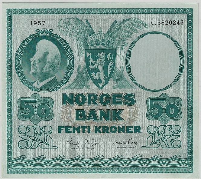 Hovedbilde 50 kroner 1957 C, kv. g 1+
