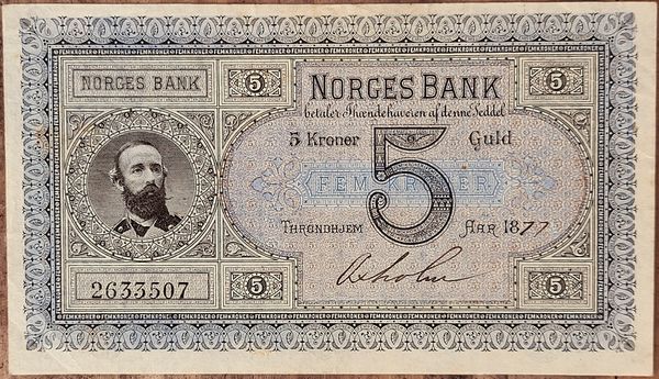 Hovedbilde 5 kroner 1877, fargefrisk, nydelig kvalitet, god 1+