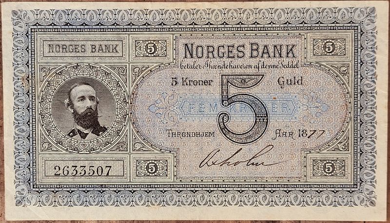SOLGT! 5 kroner 1877, fargefrisk, nydelig kvalitet, god 1+