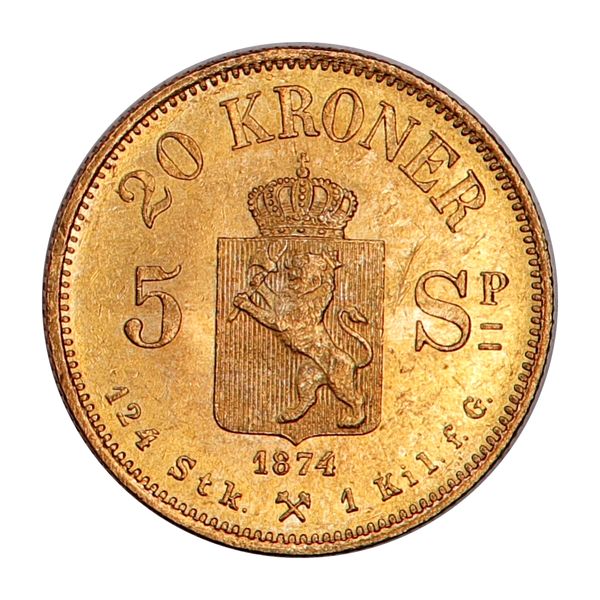 Hovedbilde Norge, 20 kr/5 spd 1874, gull