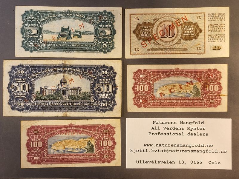 Jugoslavia, 5 stk specimen-sedler