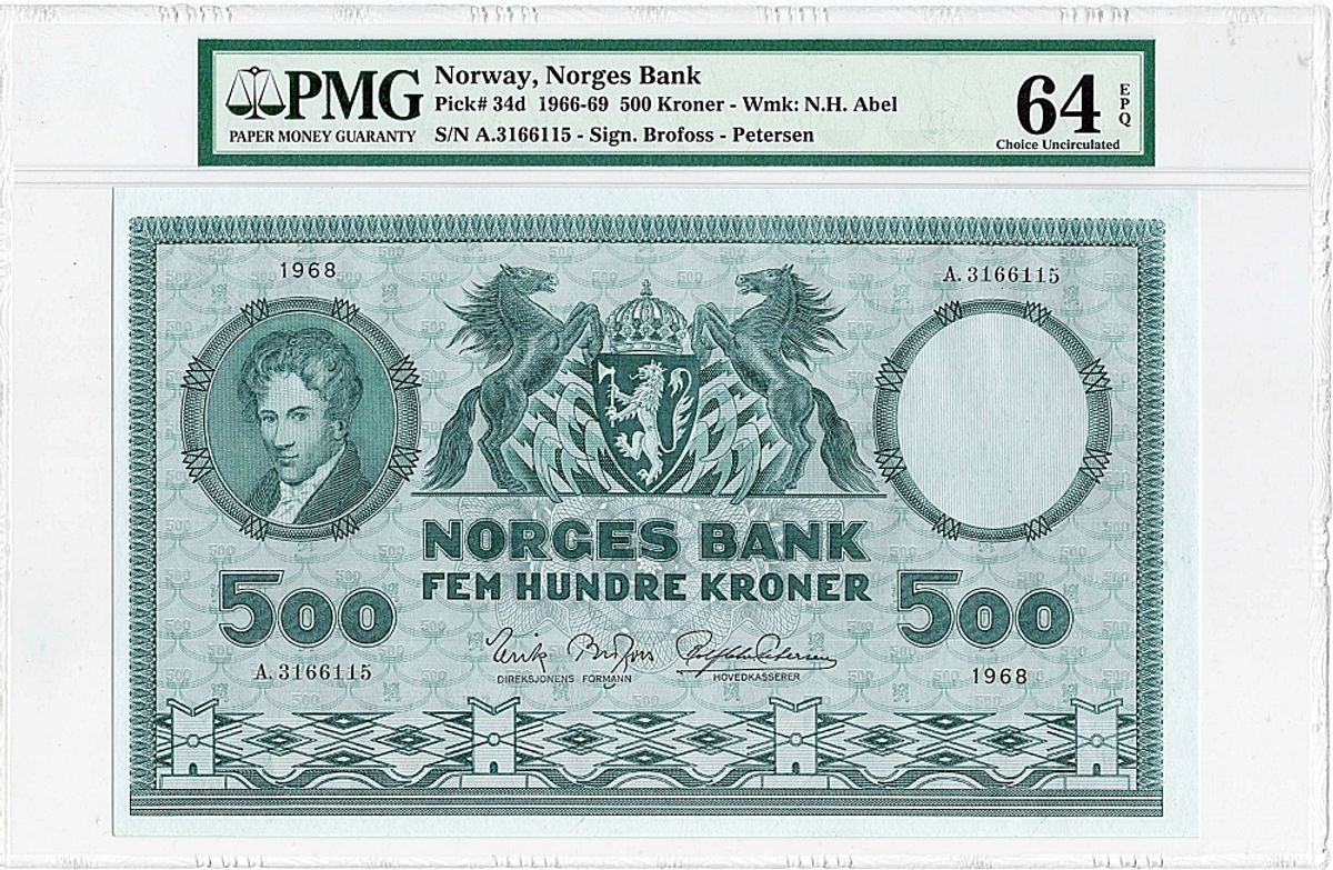 500 kroner 1968, usirkulert, PMG 64 EPQ