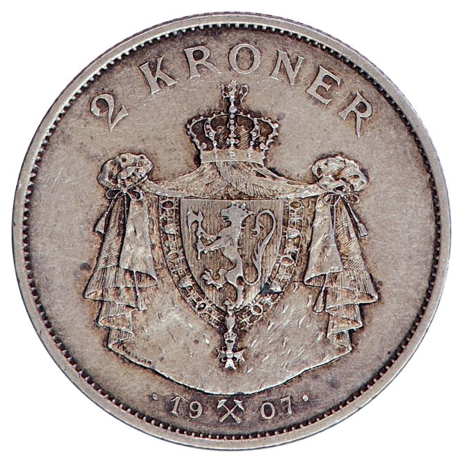 Hovedbilde 2 kroner 1907, unionsoppløsningen, kv. 1+