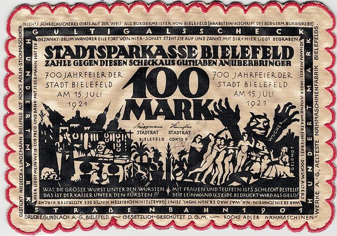 Hovedbilde Bielefeld, 100 mark 1921, Seddel i tøy